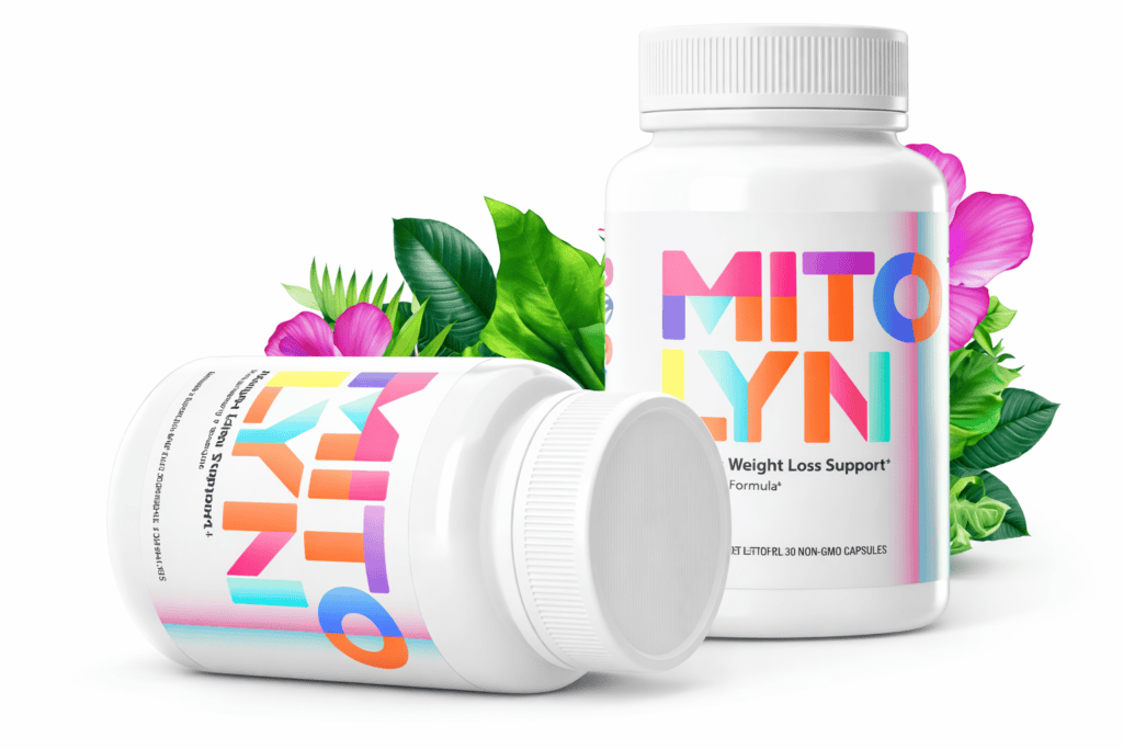 Mitolyn weight loss supplement bottles with colorful label and natural leaves on white background