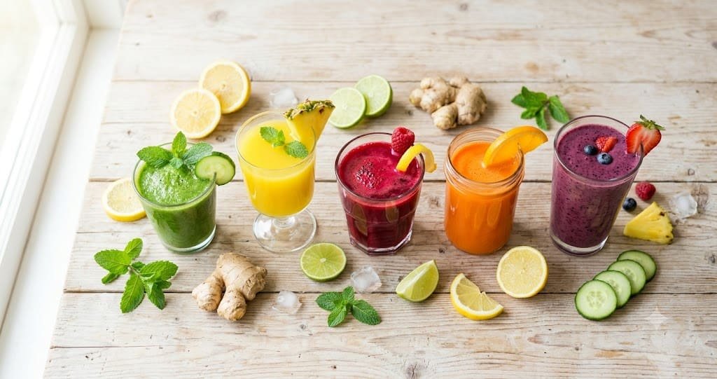 5 natural belly fat loss drinks arranged on wooden table