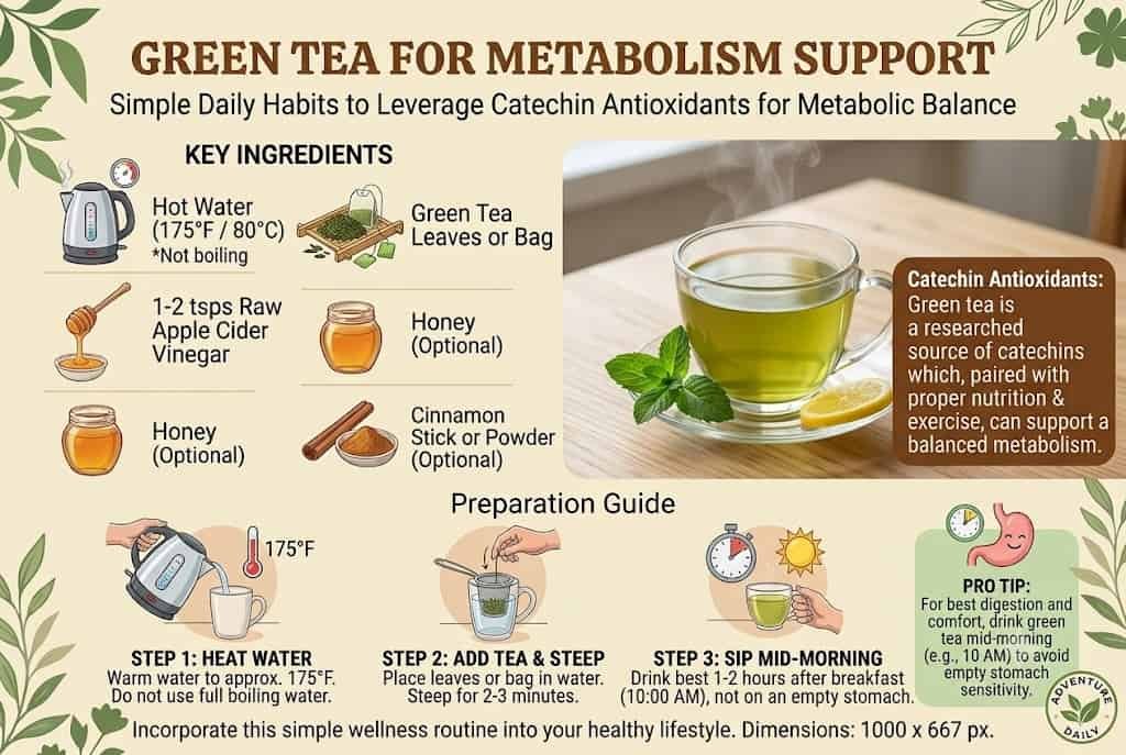 green tea leaves and cup for metabolism support drink"