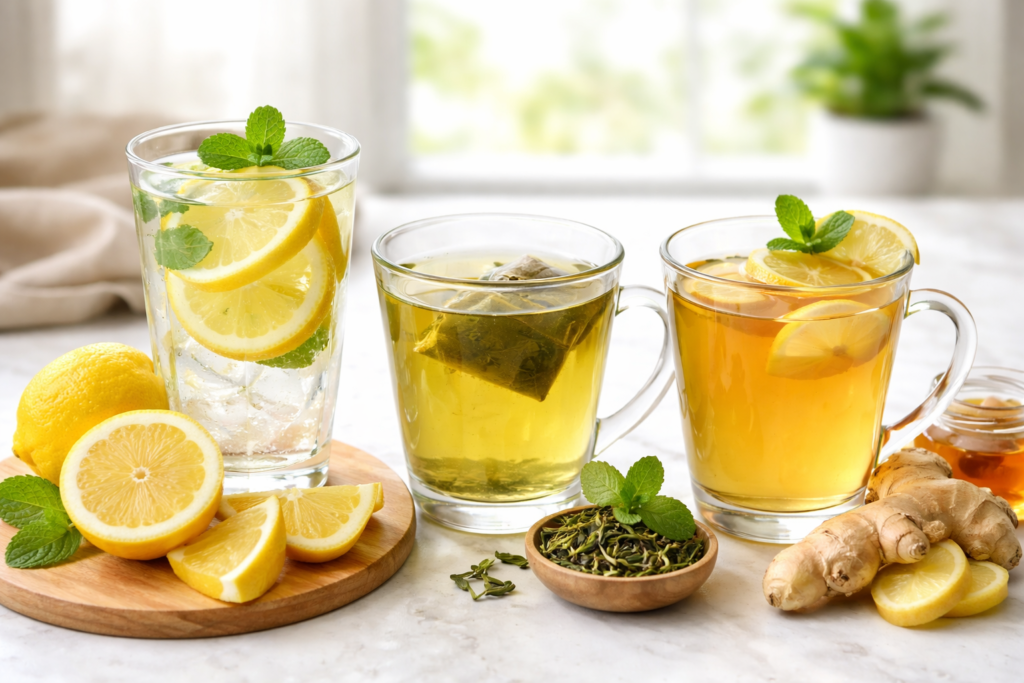 7 Best Morning Drinks for Belly Fat After 40 (Simple Daily Fat Loss Routine) 1 Healthy morning drinks in clear glass cups on a clean, naturally lit background—featuring lemon water with fresh slices, green tea with a tea bag, and ginger tea with lemon and mint, surrounded by natural ingredients like lemon, ginger, and tea leaves.