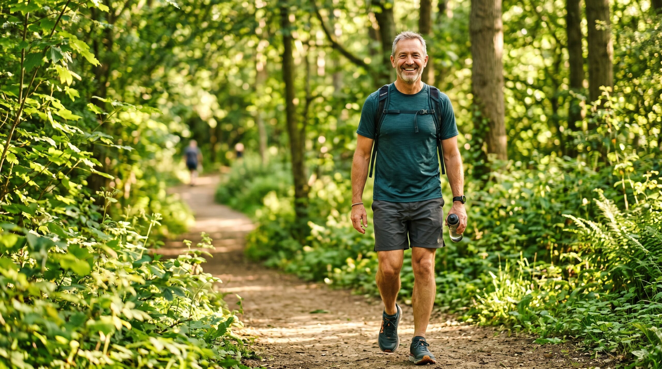 Middle-aged man walking on a forest trail with backpack and water bottle, representing active lifestyle and prostate health