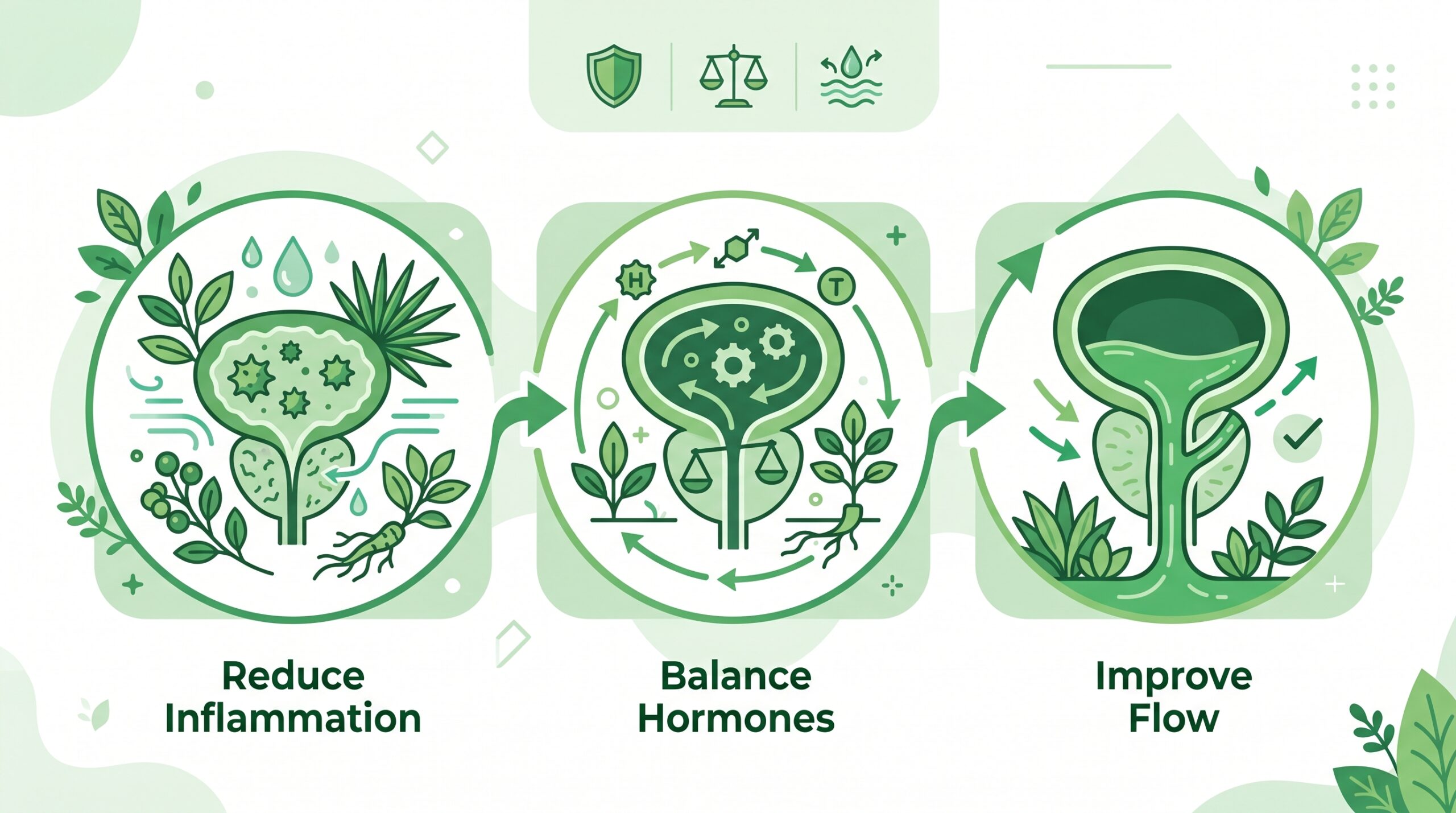 Clean medical infographic illustrating how natural ingredients support prostate health through reducing inflammation, balancing hormones, and improving urinary flow
