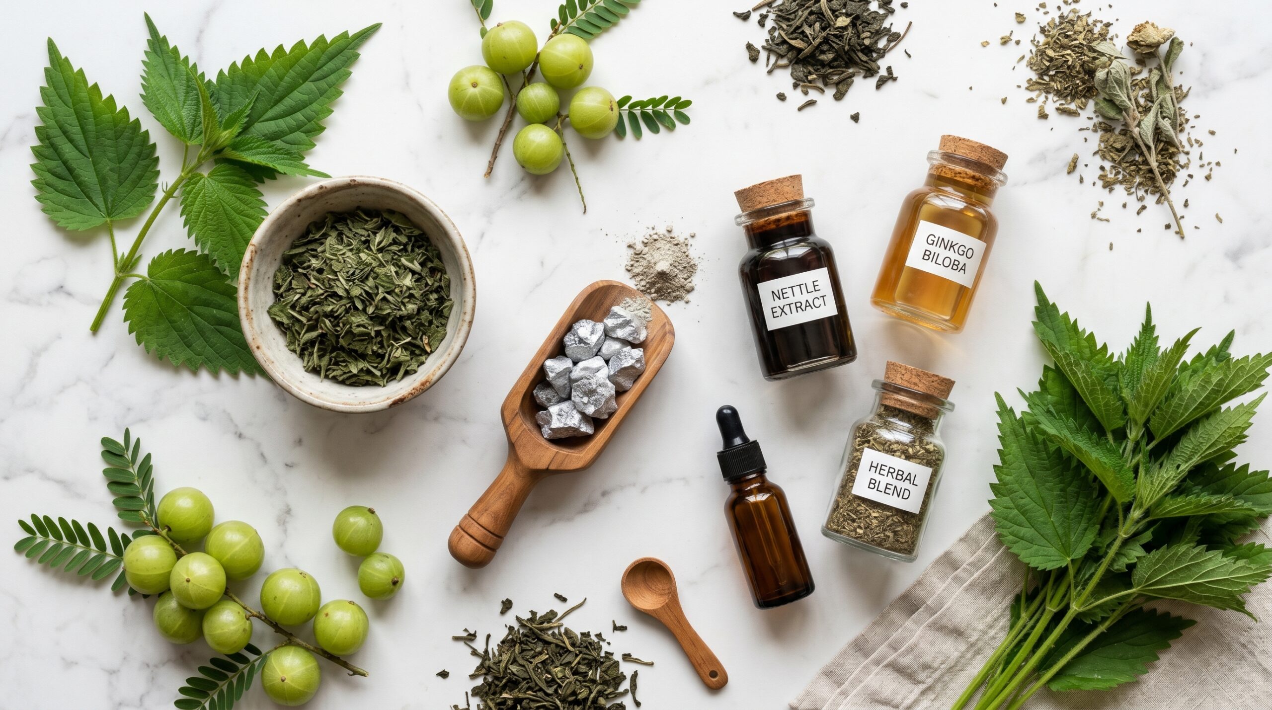 Flat lay of natural prostate health ingredients including zinc mineral, nettle leaves, ginkgo biloba extract, herbal blends, and green berries on a white marble surface